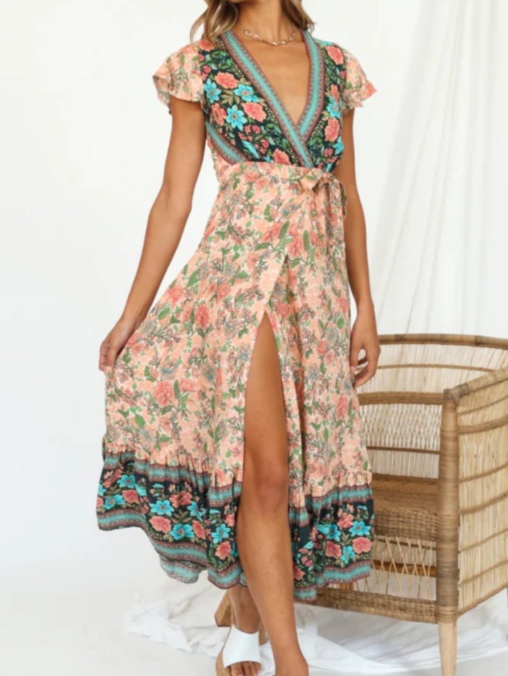 Bohemian Peach Floral Wrap And Tie Maxi Dress with Contrasting Border Size L
